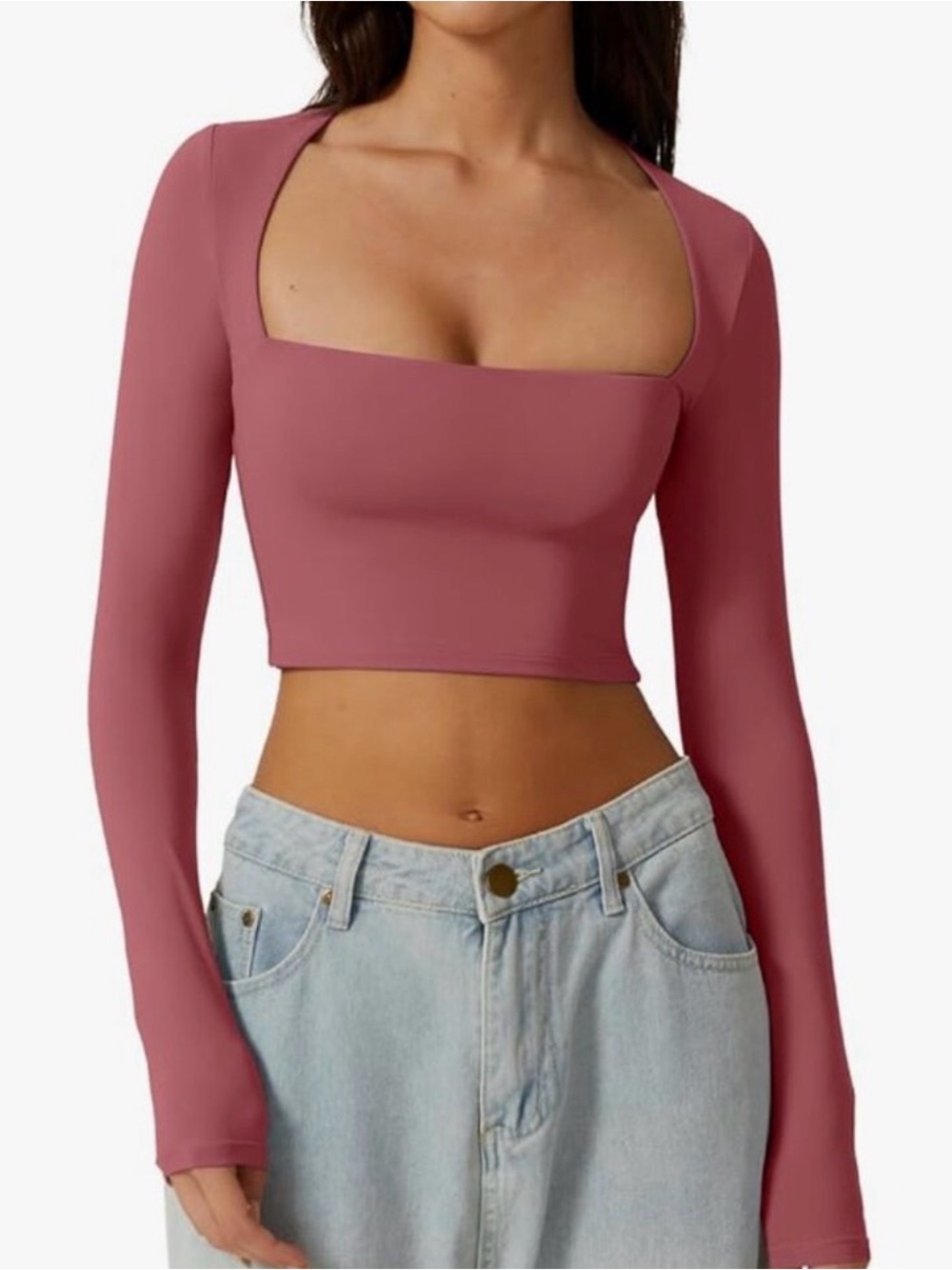 Square-Neck Long Sleeve Crop Top in Rose